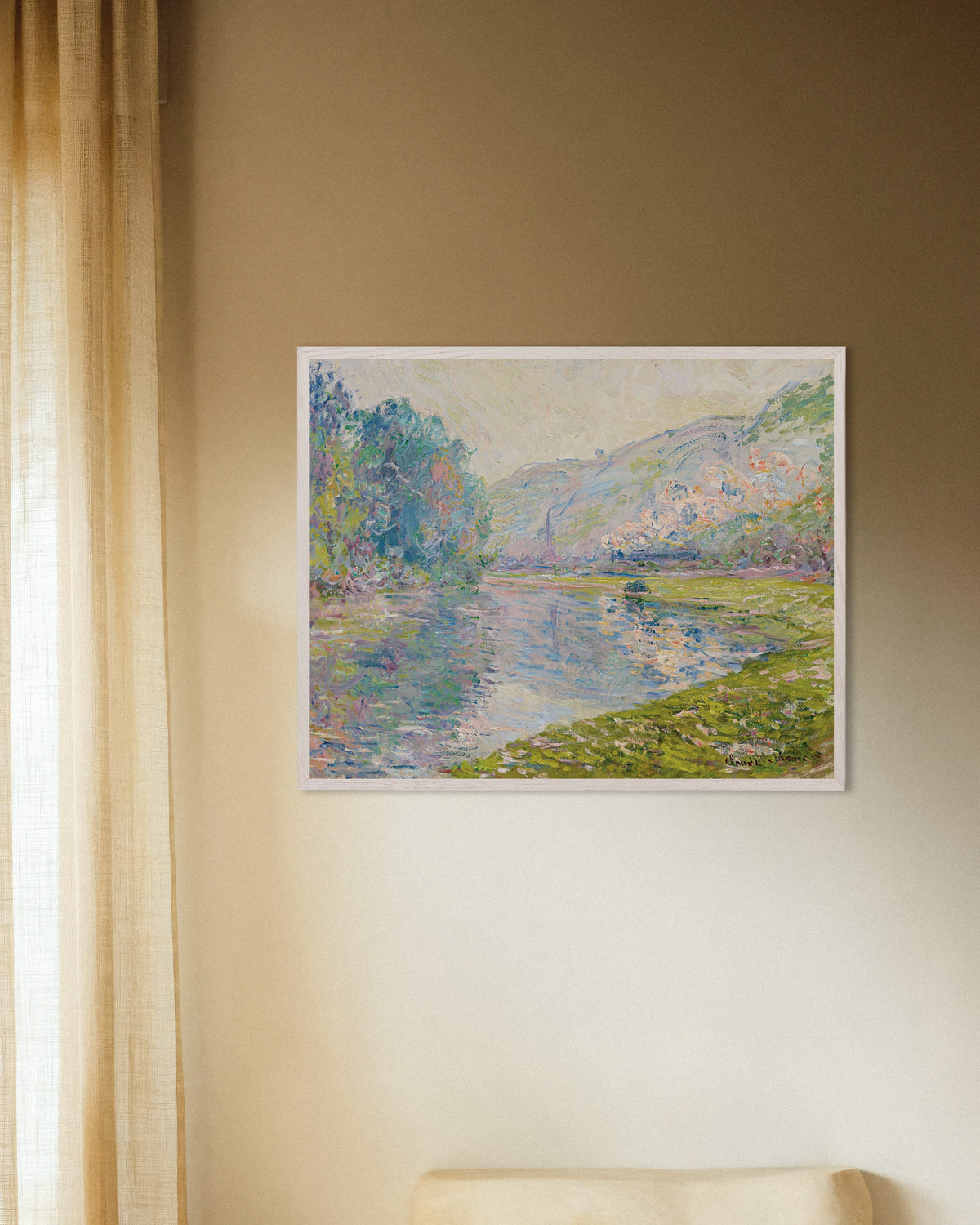 Poster De trein bij Jeufosse (1884) van Claude Monet met witte houten lijst