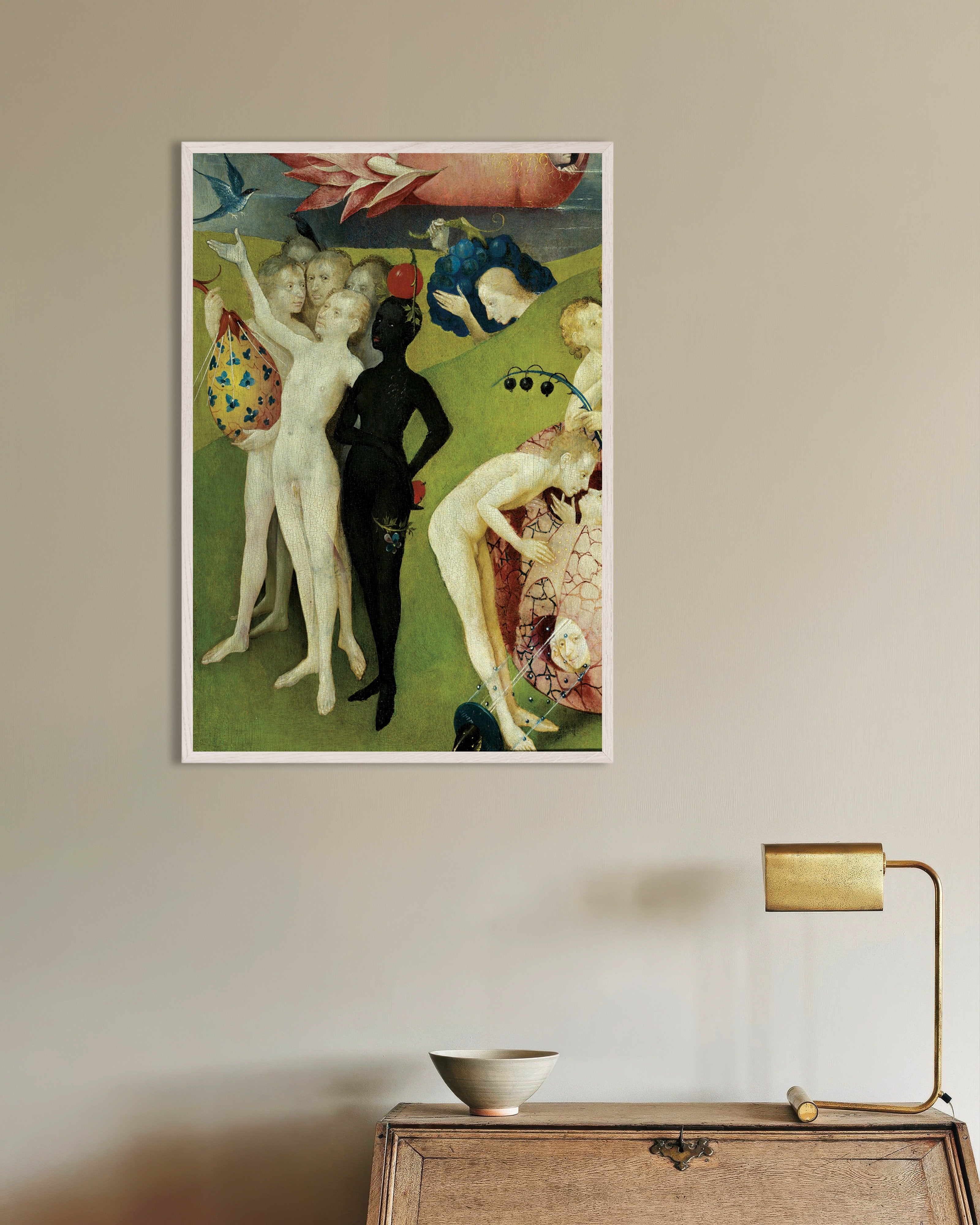 Poster of The woman with the fruit head - Detail from The Garden of Earthly Delights, with white wooden frame