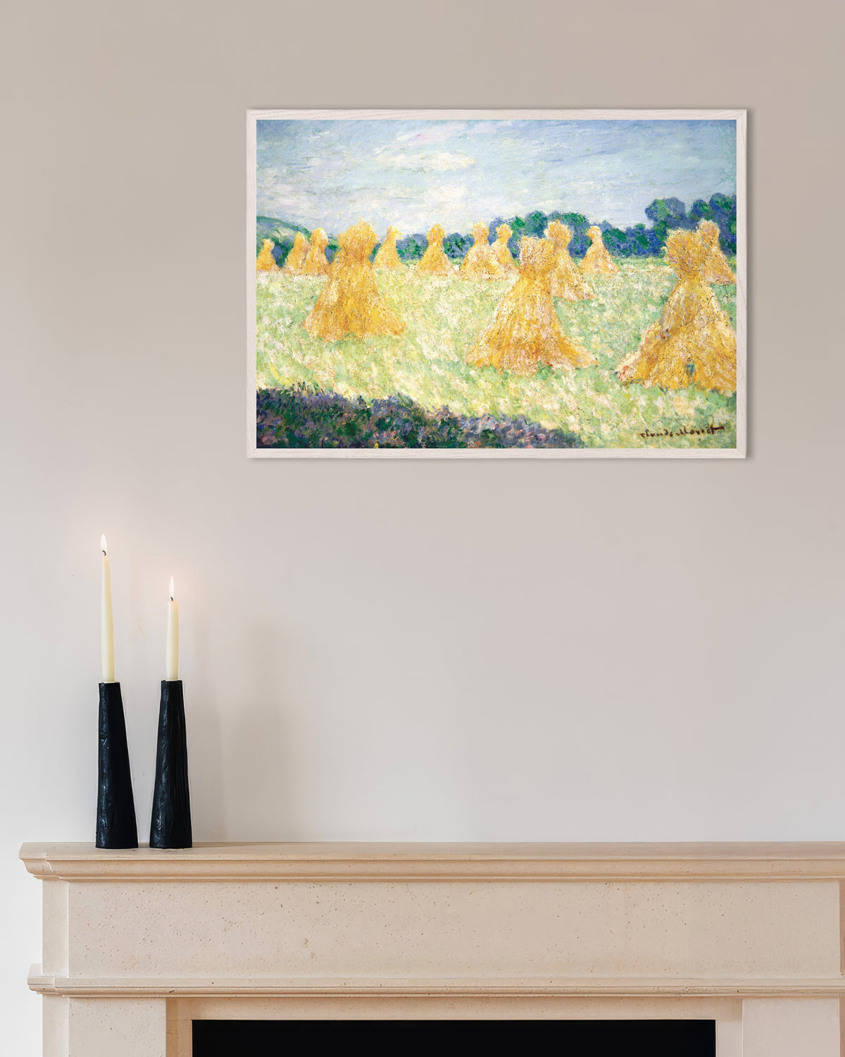 Poster De jongedames van Giverny, zoneffect (1894) van Claude Monet met witte houten lijst