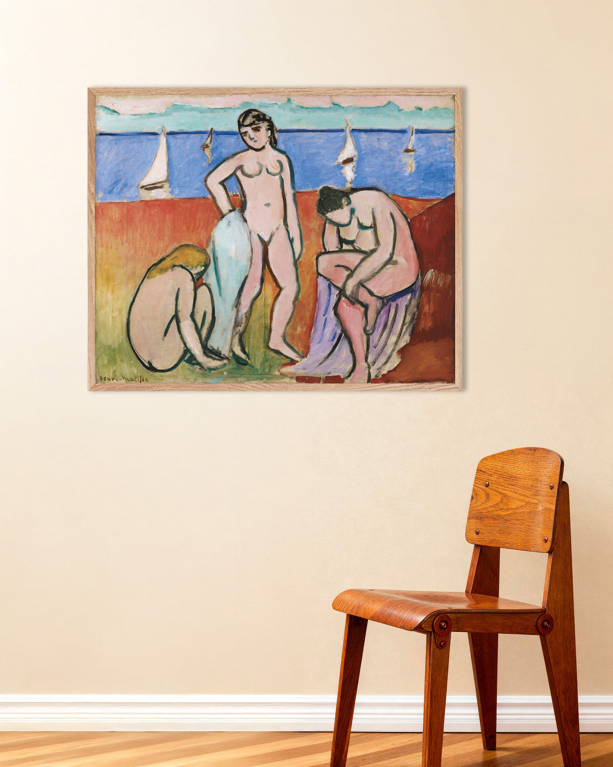 Poster van Drie baadsters (1907) van Henri Matisse, met naturel houten lijst