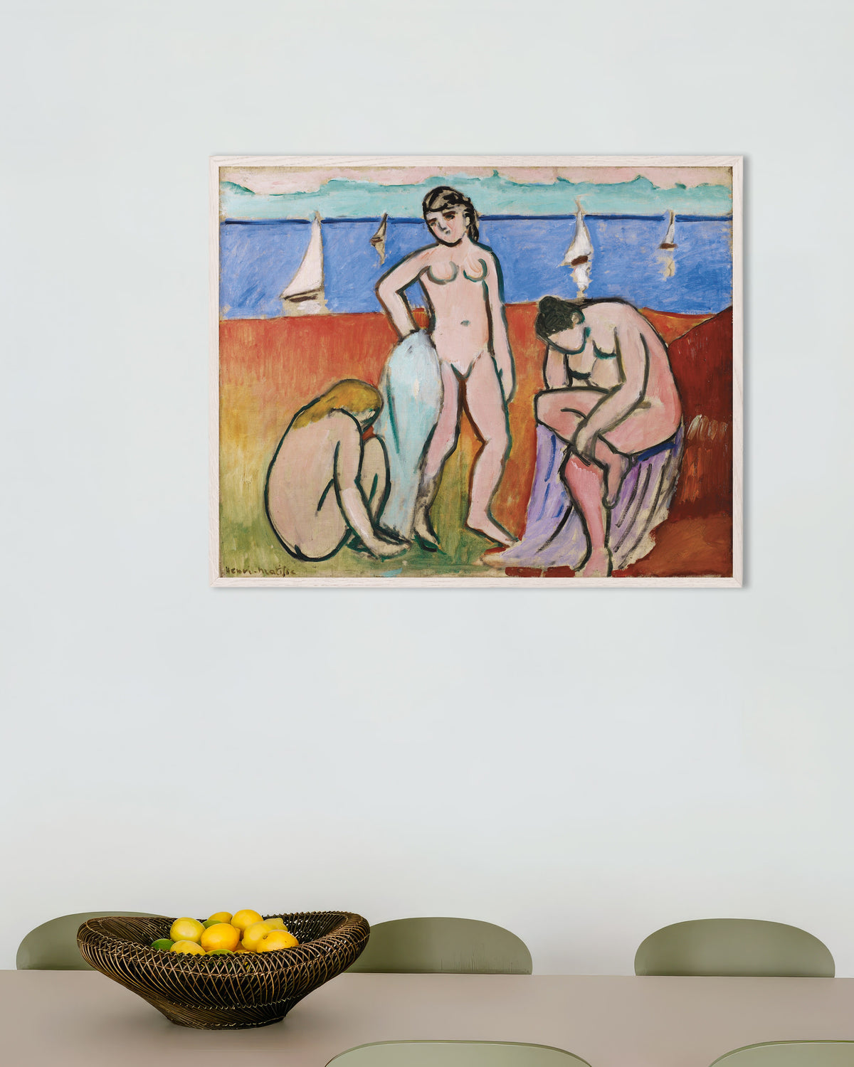 Poster van Drie baadsters (1907) van Henri Matisse, met witte houten lijst