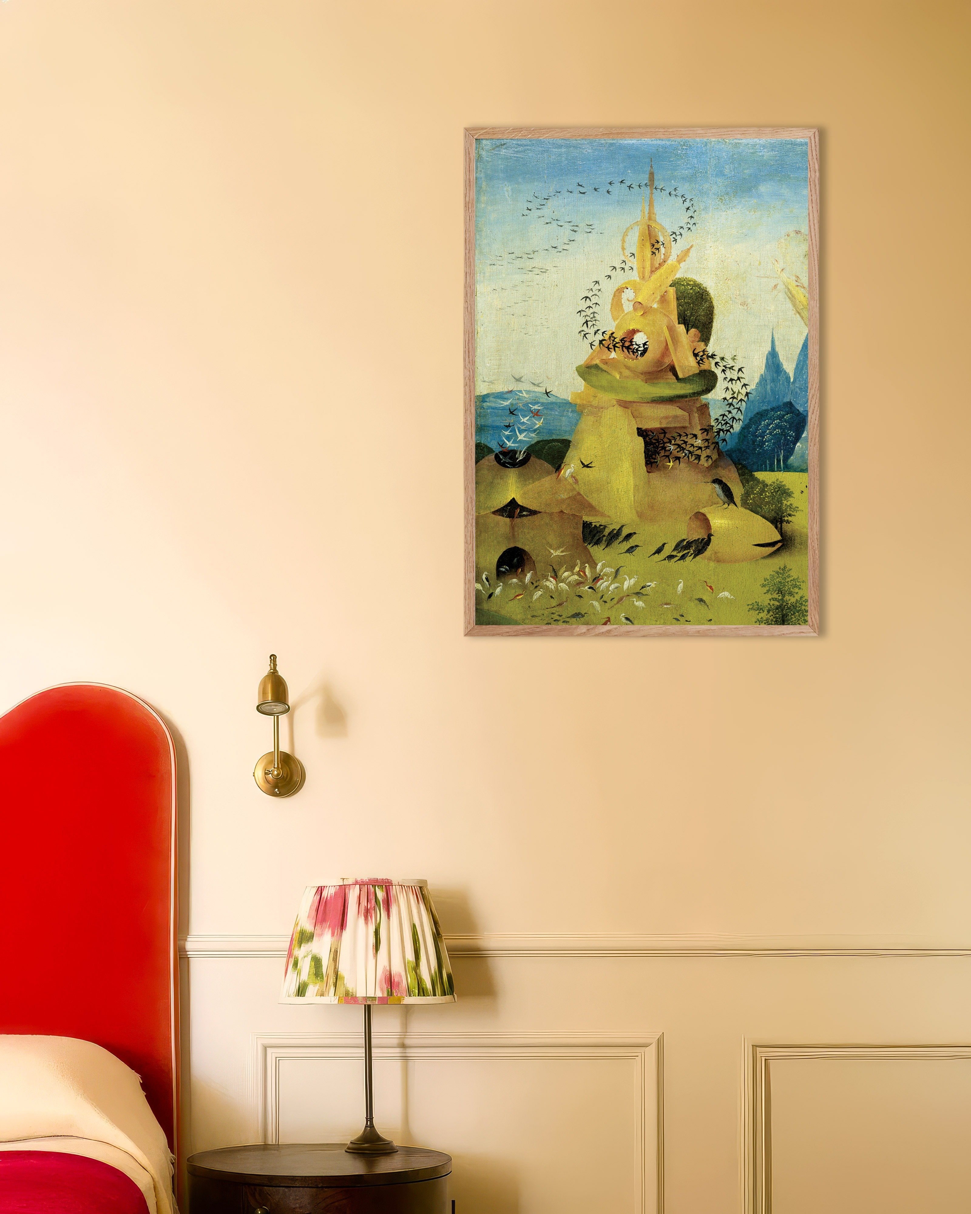 Poster of Towers and circling birds - Detail from The Garden of Earthly Delights, with natural wooden frame