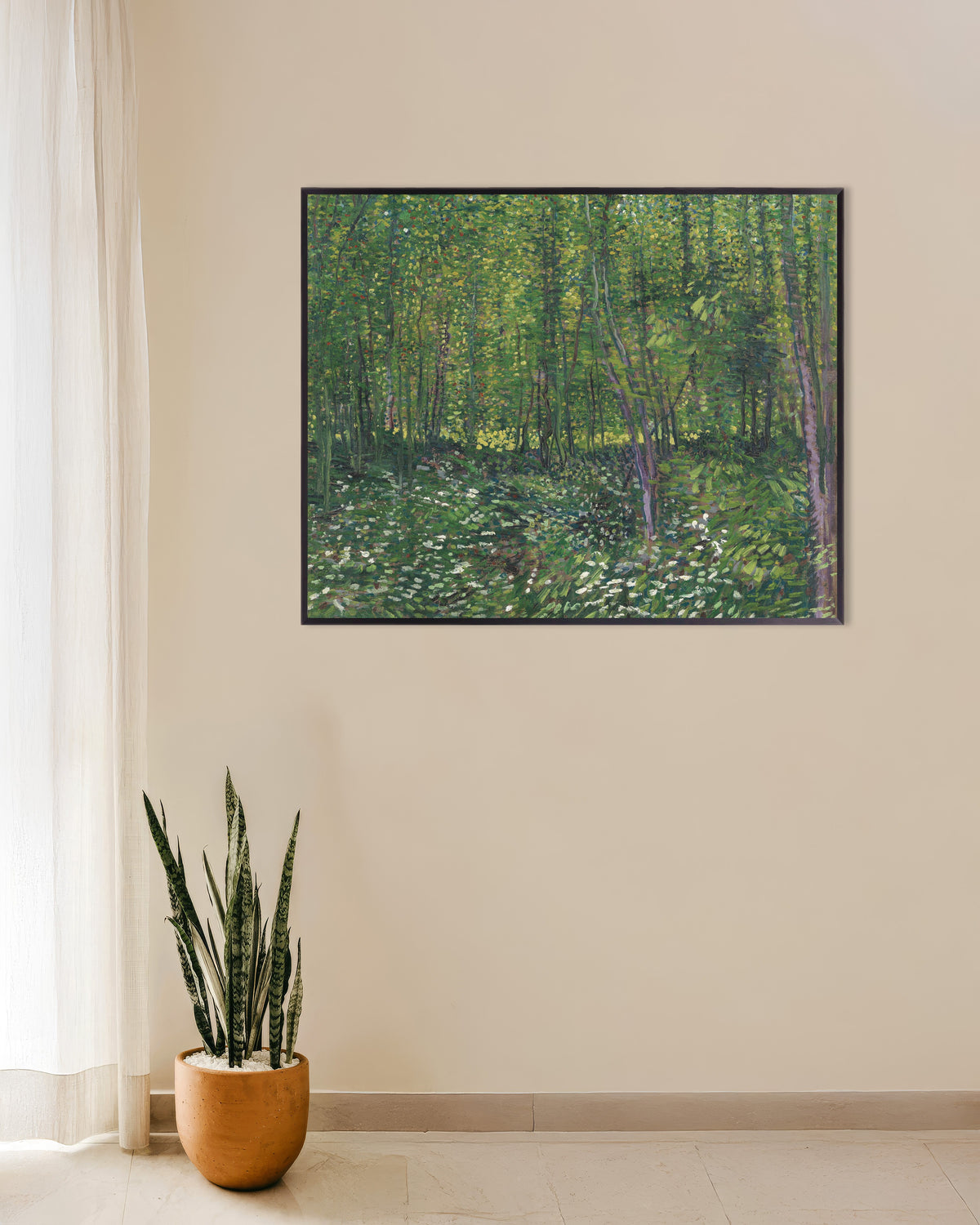Poster van Bomen en struikgewas (1887) van Vincent van Gogh, met metalen lijst