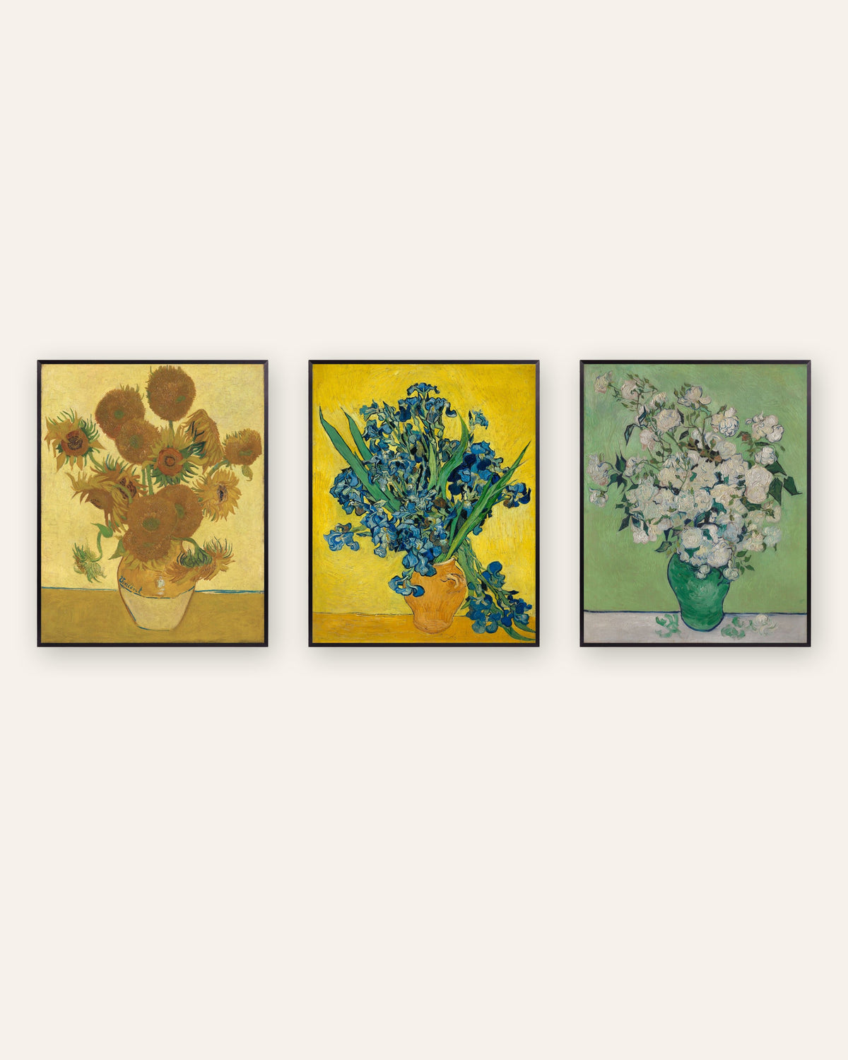 Van Gogh bloemenposters, set van 3: Zonnebloemen, Irissen en Rozen, in zwarte metalen lijsten