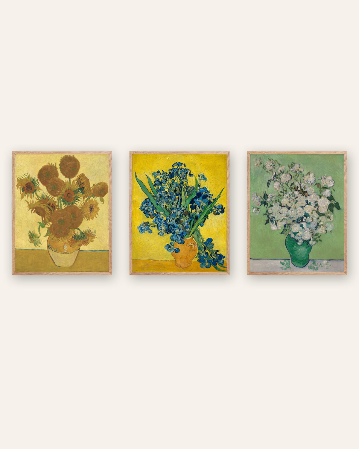 Van Gogh bloemenposters, set van 3: Zonnebloemen, Irissen en Rozen, in naturel eikenhouten lijsten