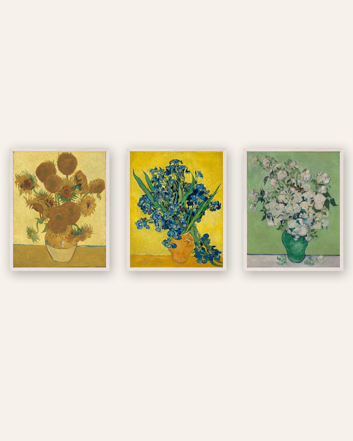 Van Gogh bloemenposters, set van 3: Zonnebloemen, Irissen en Rozen, in witte eikenhouten lijsten