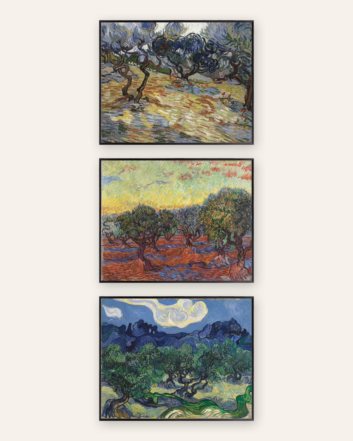 Van Gogh posters olijfbomen, set van 3: de olijfgaarden van Saint-Rémy, in zwarte metalen lijsten