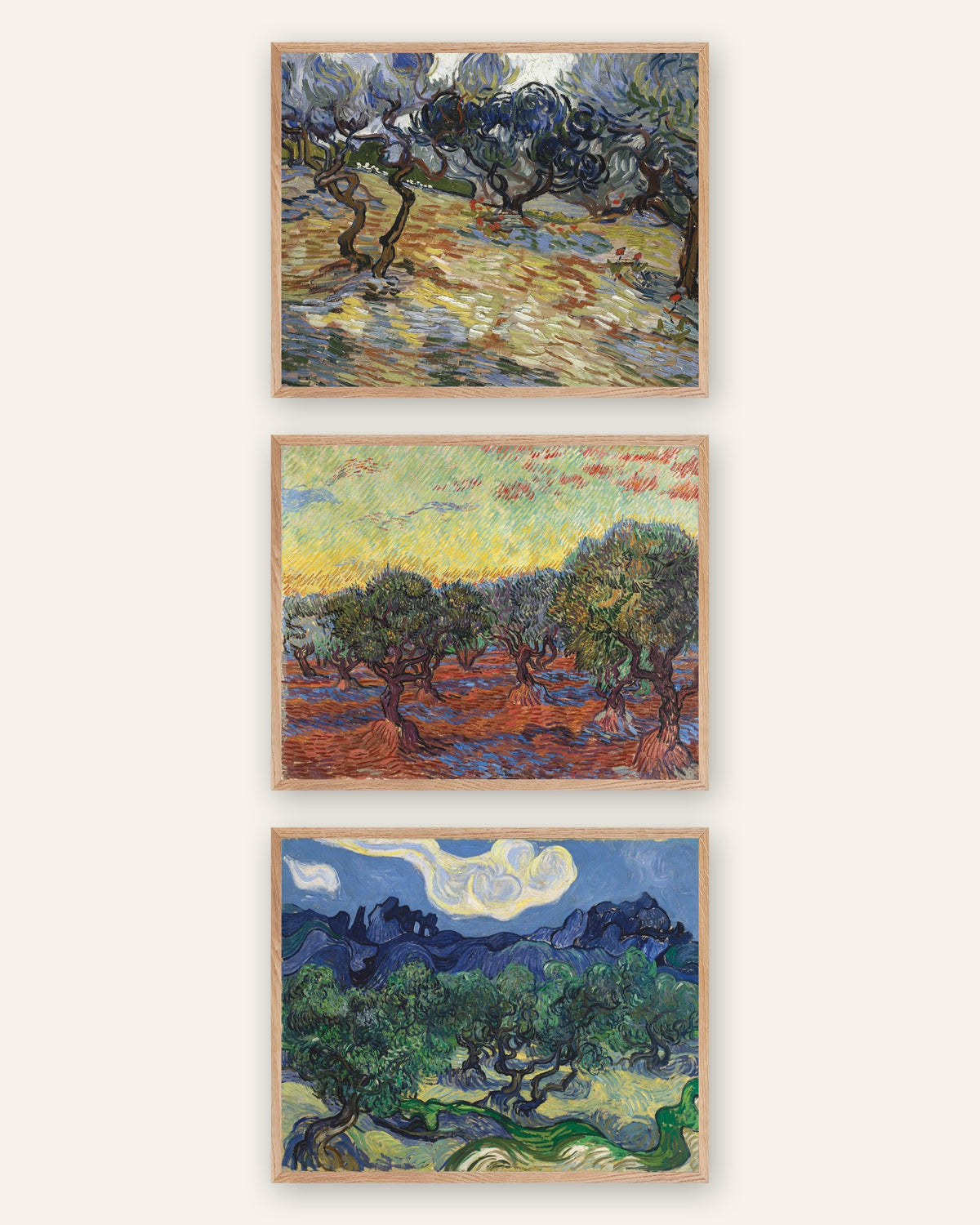 Van Gogh posters olijfbomen, set van 3: de olijfgaarden van Saint-Rémy, in naturel eikenhouten lijsten