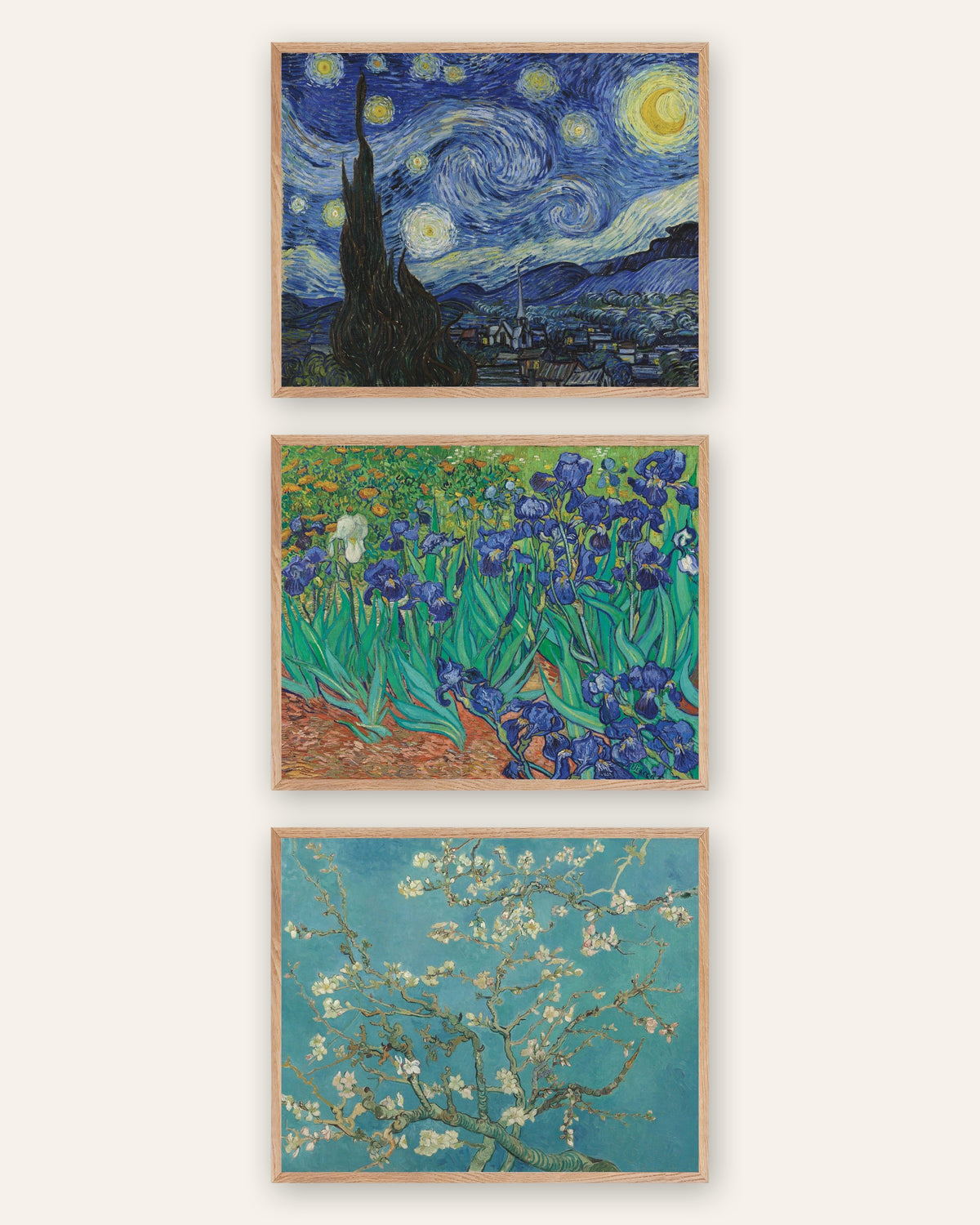 Van Gogh posters, set van 3: De sterrennacht, Irissen en Amandelbloesem, in naturel eikenhouten lijsten