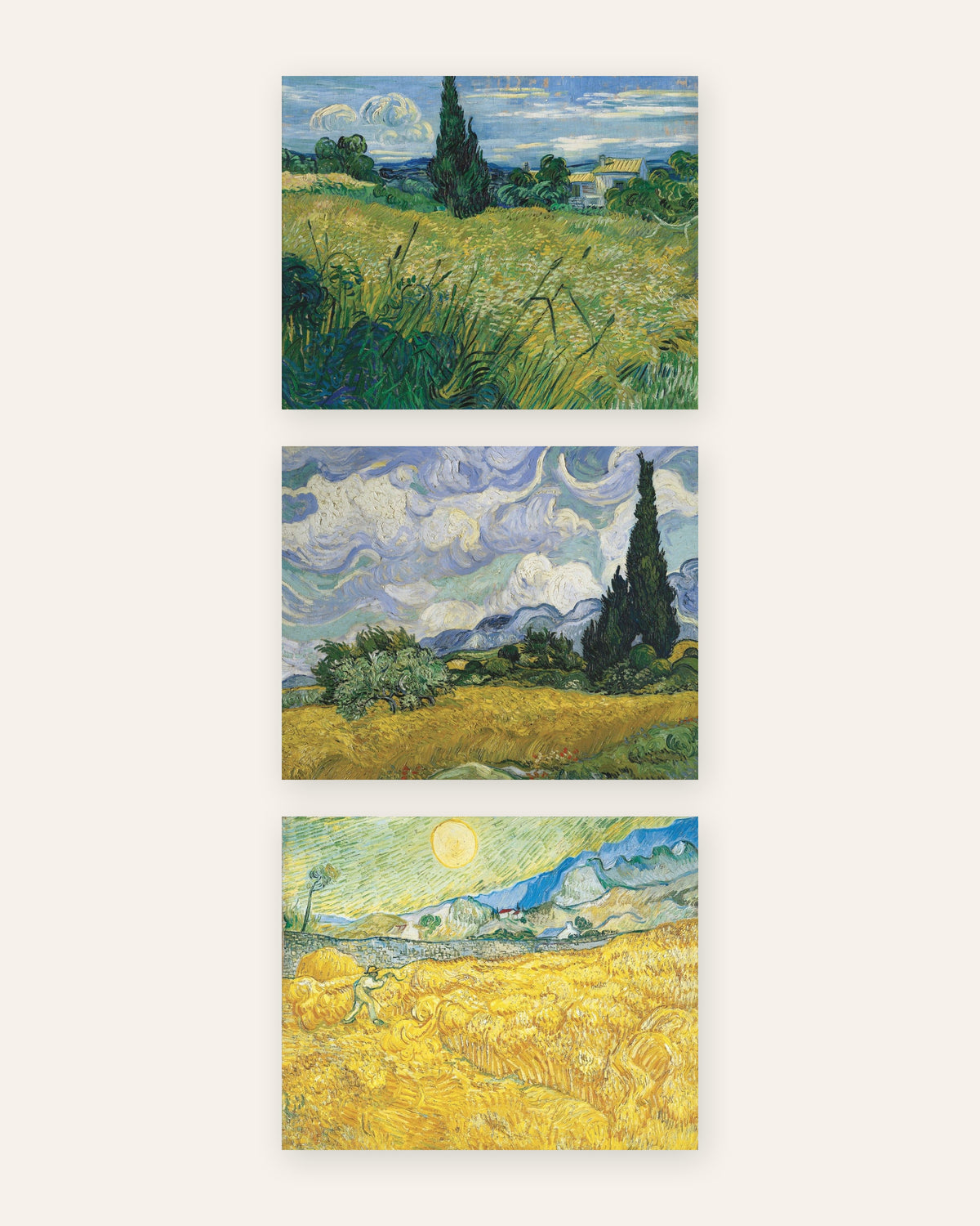 Van Gogh posters korenvelden, set van 3: cipressen en oogst, zonder lijst