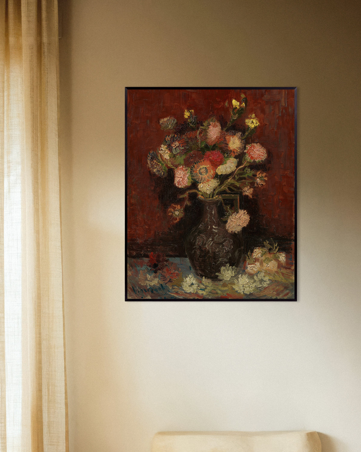 Poster van Vaas met Chinese asters en gladiolen (1886) van Vincent van Gogh, met metalen lijst