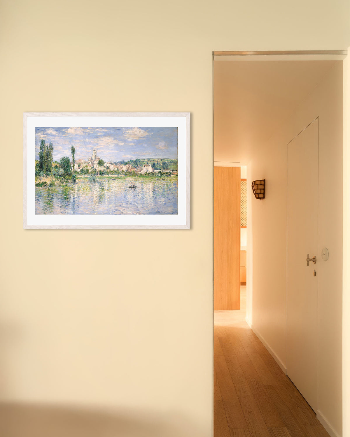 Poster Vétheuil in de zomer (1880) van Claude Monet met witte houten lijst
