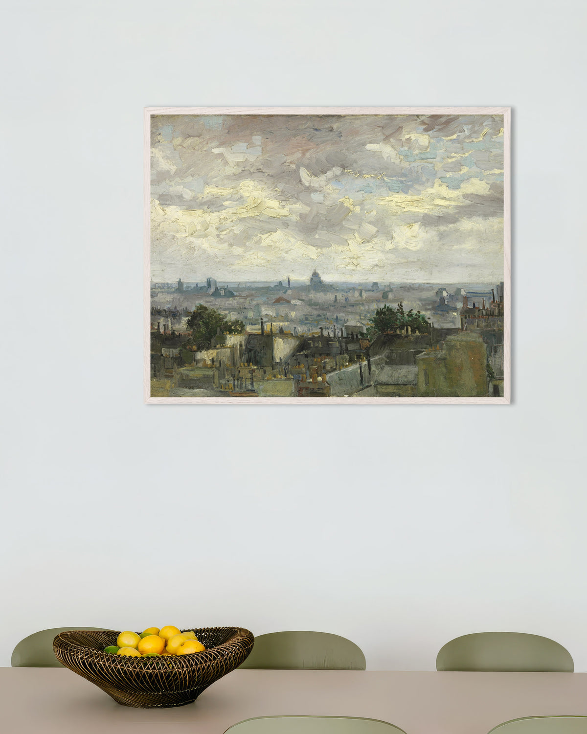 Poster van Uitzicht op Parijs (1886) van Vincent van Gogh, met witte houten lijst