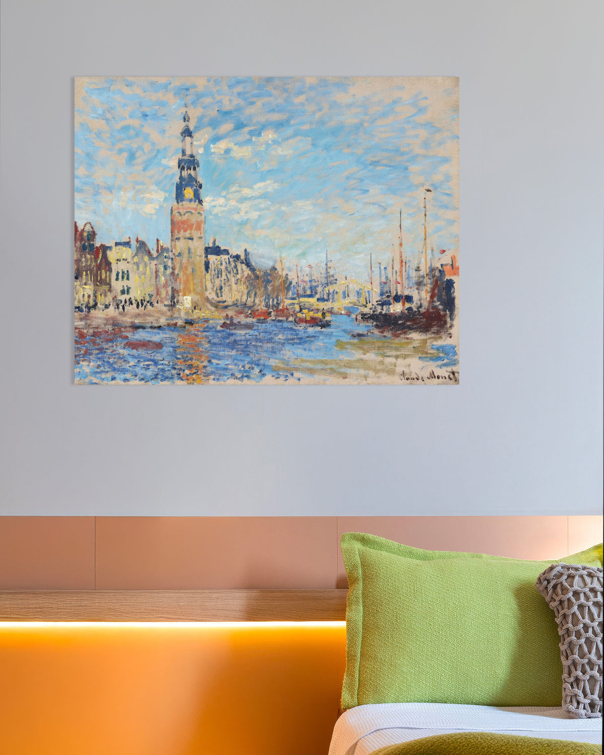 Poster Gezicht op de Montelbaanstoren, Amsterdam (1874) van Claude Monet