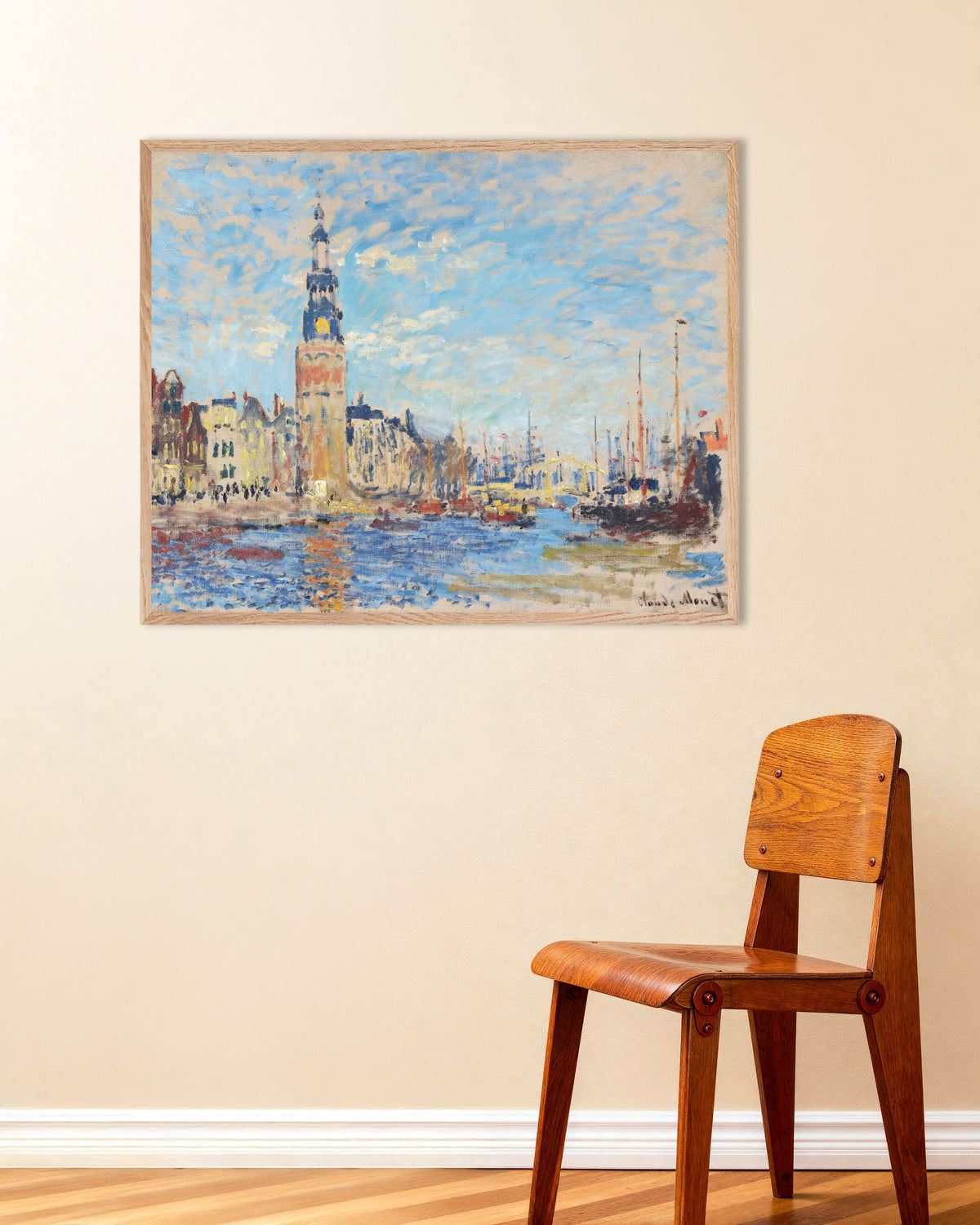 Poster Gezicht op de Montelbaanstoren, Amsterdam (1874) van Claude Monet met naturel houten lijst