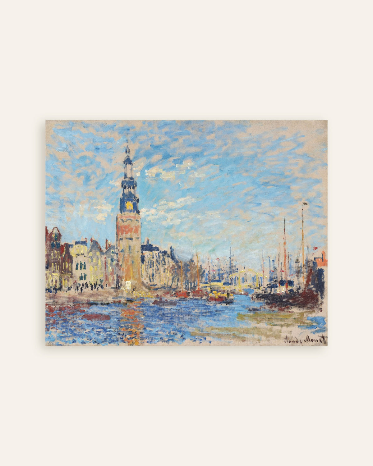 Poster Gezicht op de Montelbaanstoren, Amsterdam (1874) van Claude Monet, miniatuur