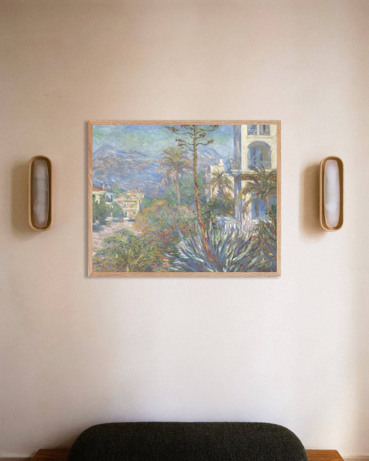 Poster Villa's in Bordighera (1884) van Claude Monet met naturel houten lijst