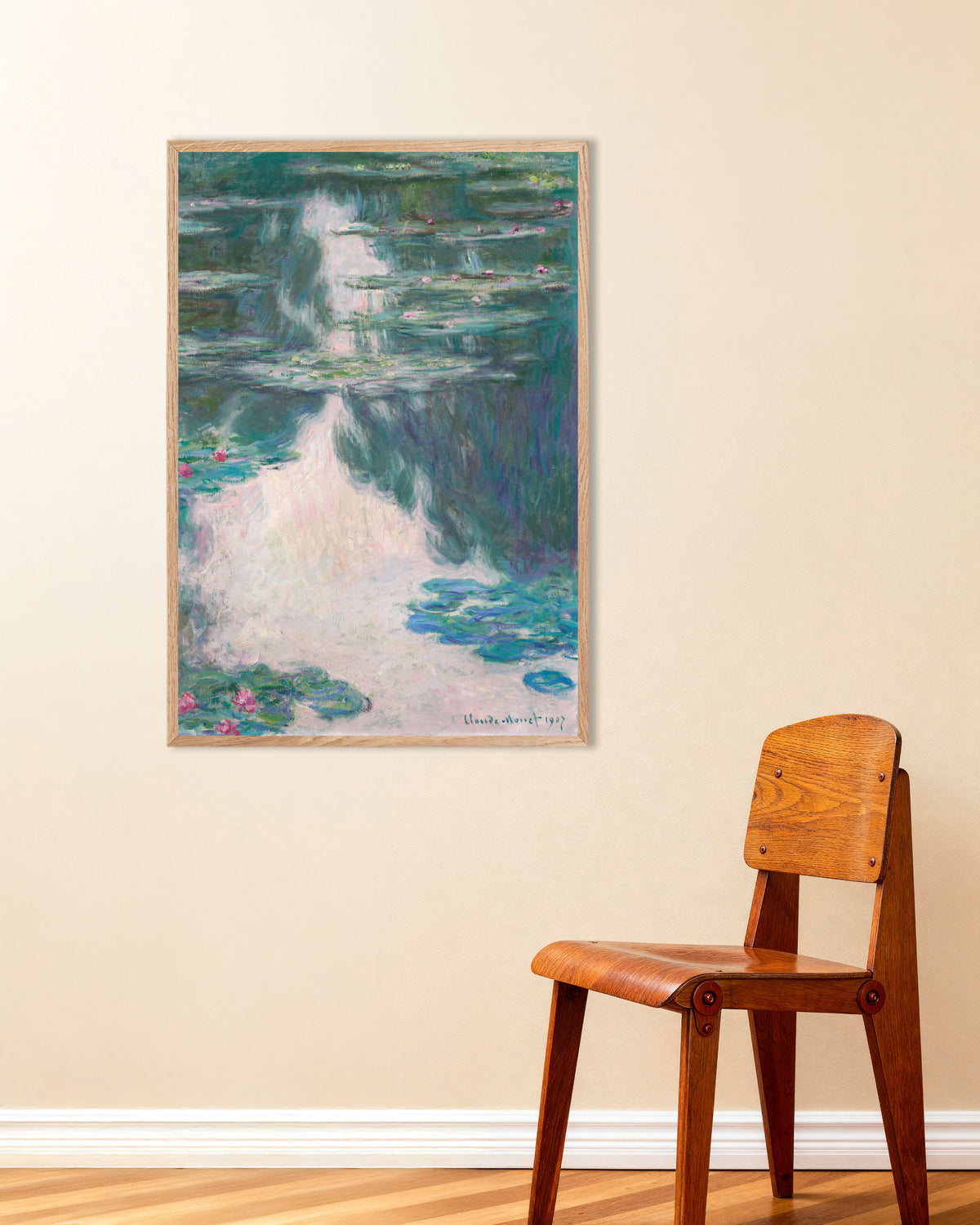 Poster Waterlelies, grijs weer (1907) van Claude Monet met naturel houten lijst