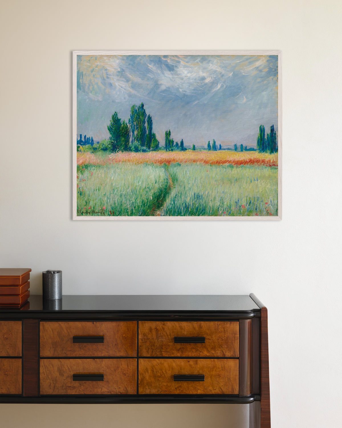 Poster Korenveld (1881) van Claude Monet met witte houten lijst