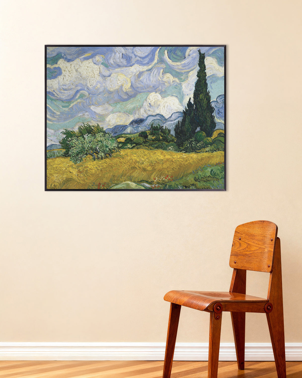 Poster van Korenveld met cipressen (1889) van Vincent van Gogh, met metalen lijst