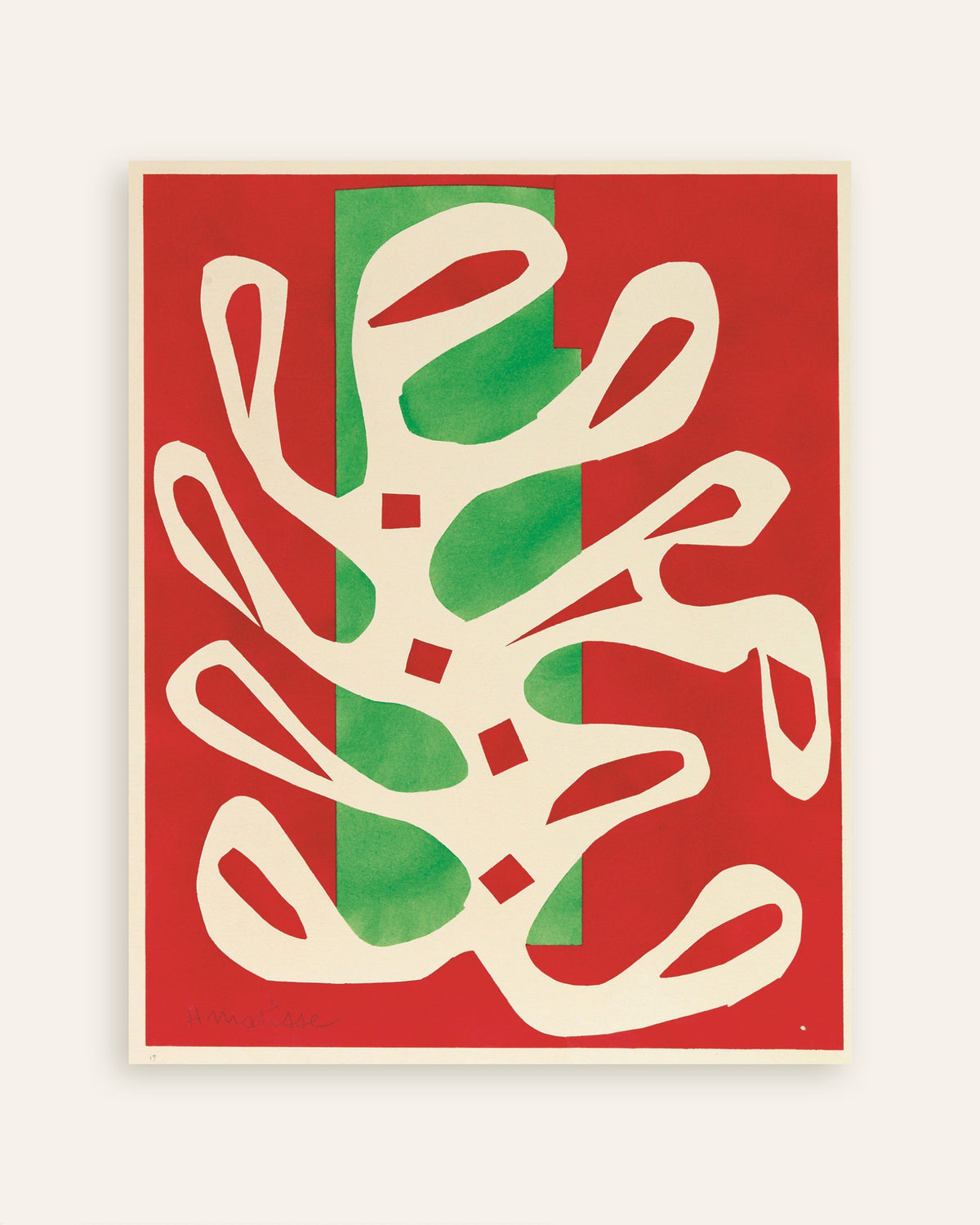 Poster van Witte alg op rode en groene achtergrond (1947) van Henri Matisse, miniatuur